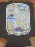 Captain Whidbey koozie with Whidbey Island map, orca, and coastal design