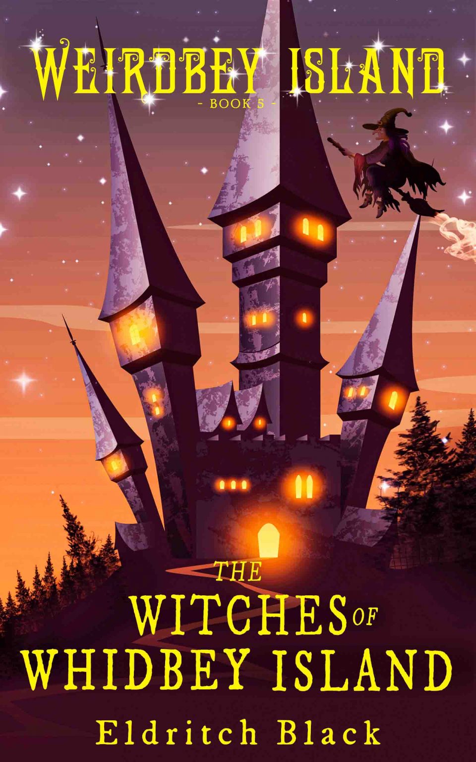 Weirdbey Island Book 5 The Witches of Whidbey Island book cover with witch and castle
