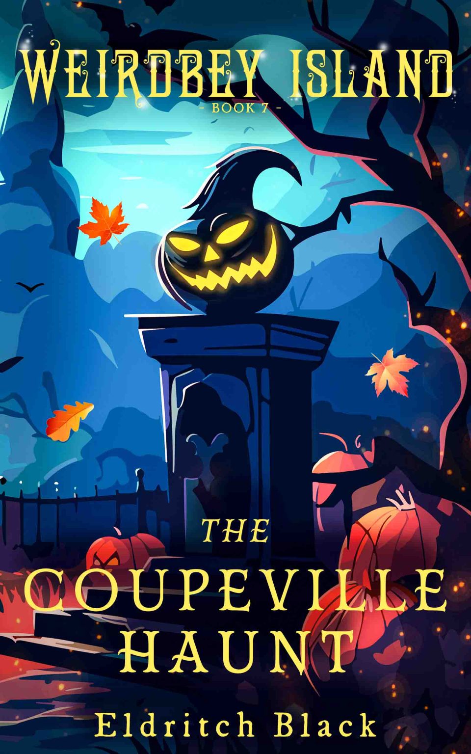 Weirdbey Island Book 7 The Coupeville Haunt book cover with pumpkin and spooky graveyard