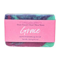 Grace goat milk soap gentle exfoliating scrub bar with pink label on white background