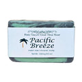 Pacific Breeze goat milk soap bar with label on white background