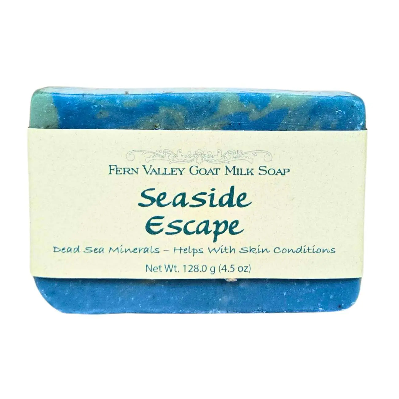 Seaside Escape goat milk soap bar with label on white background
