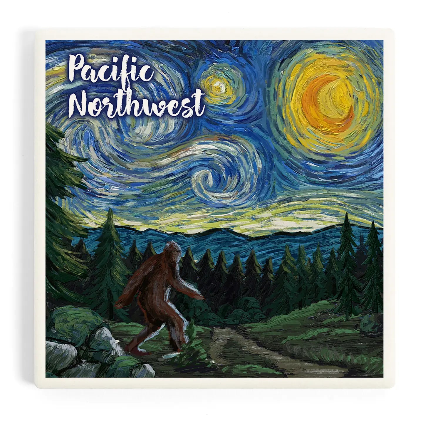 Pacific Northwest starry night style coaster with forest and mountain landscape.