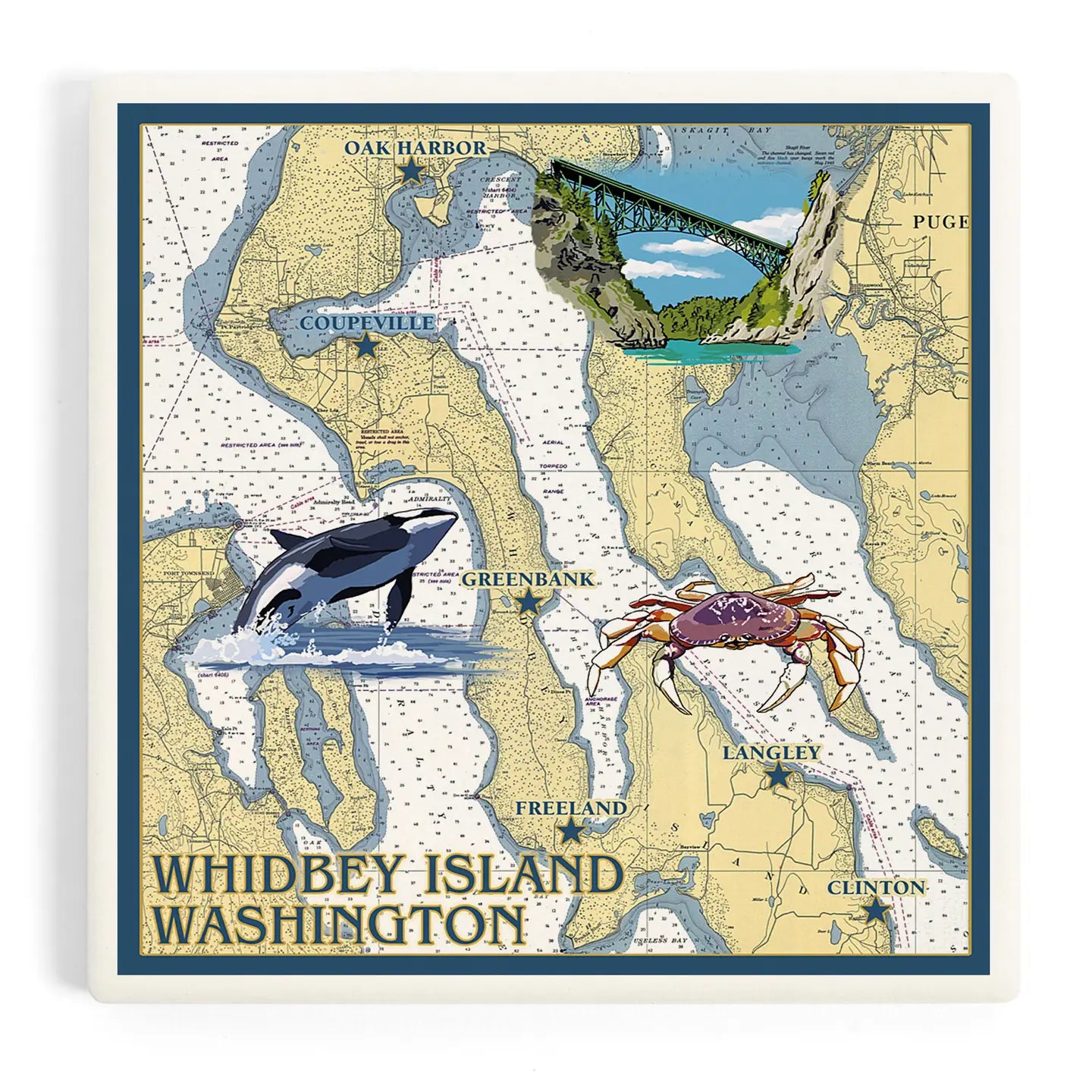 Whidbey Island Map ceramic coaster with orca, crab, and coastal Washington design