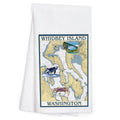 Whidbey Island map tea towel with orca, crab, and a coastal Washington design