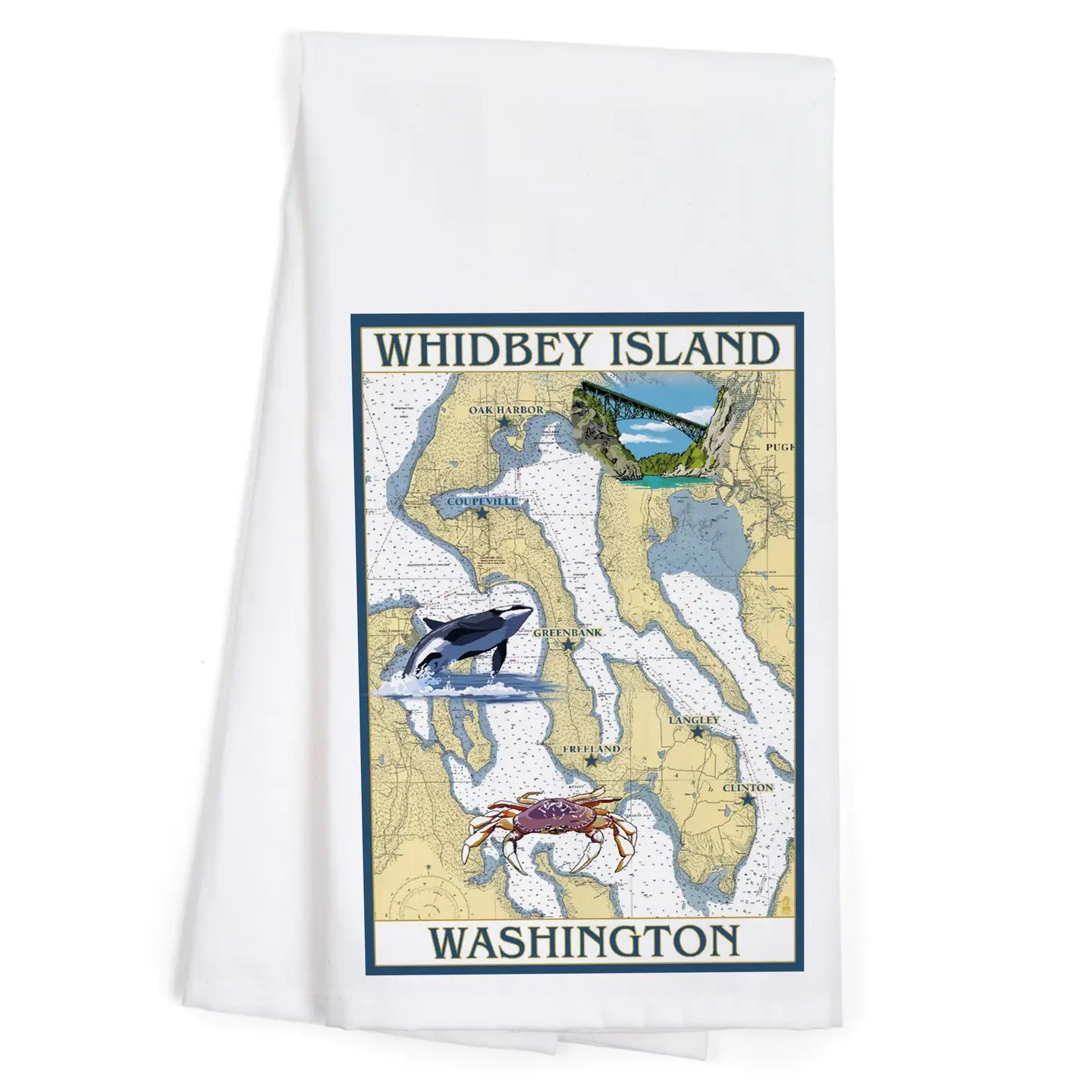 Whidbey Island map tea towel with orca, crab, and a coastal Washington design