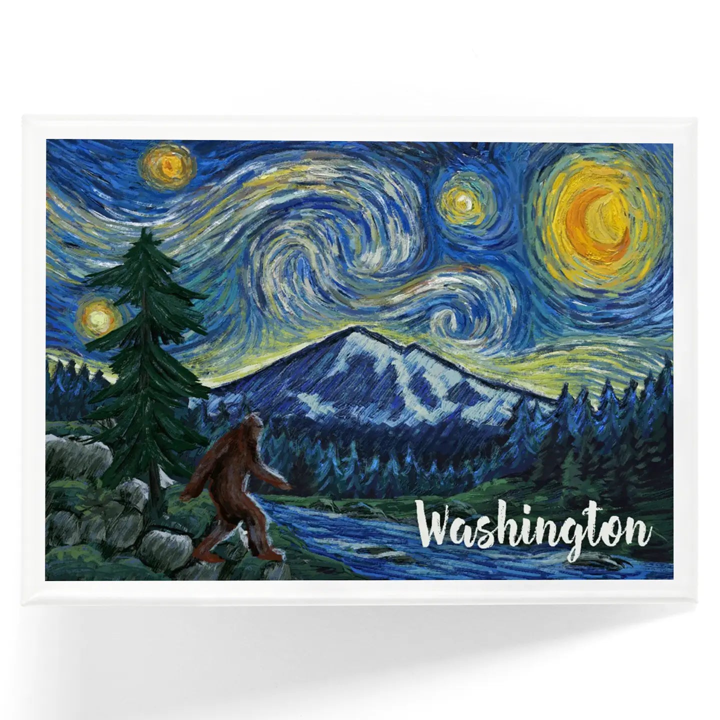 Washington starry night magnet with mountain, forest, and night sky design.
