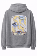 Gray hoodie with illustrated map of Whidbey Island on the back featuring an orca whale, crab, and Deception Pass bridge with Whidbey Island text