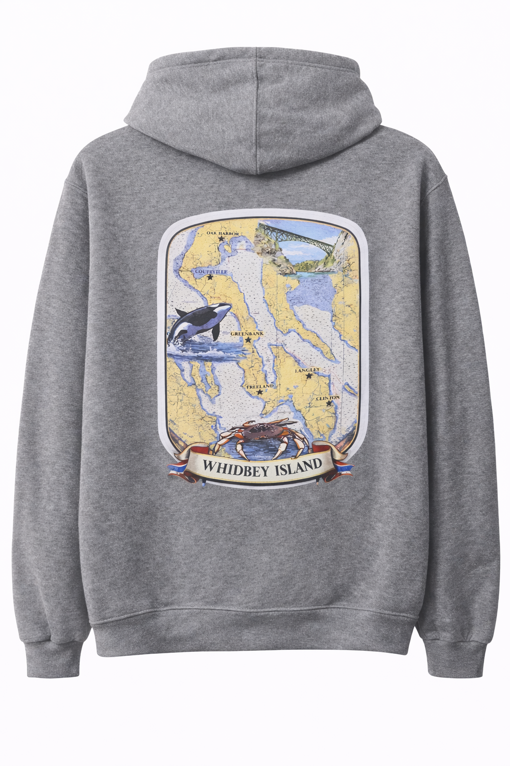 Gray hoodie with illustrated map of Whidbey Island on the back featuring an orca whale, crab, and Deception Pass bridge with Whidbey Island text
