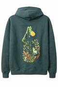 Dark green hoodie with stylized nature scene on the back featuring trees, river, sun, plants, mushrooms, and a deer in a Pacific Northwest design.