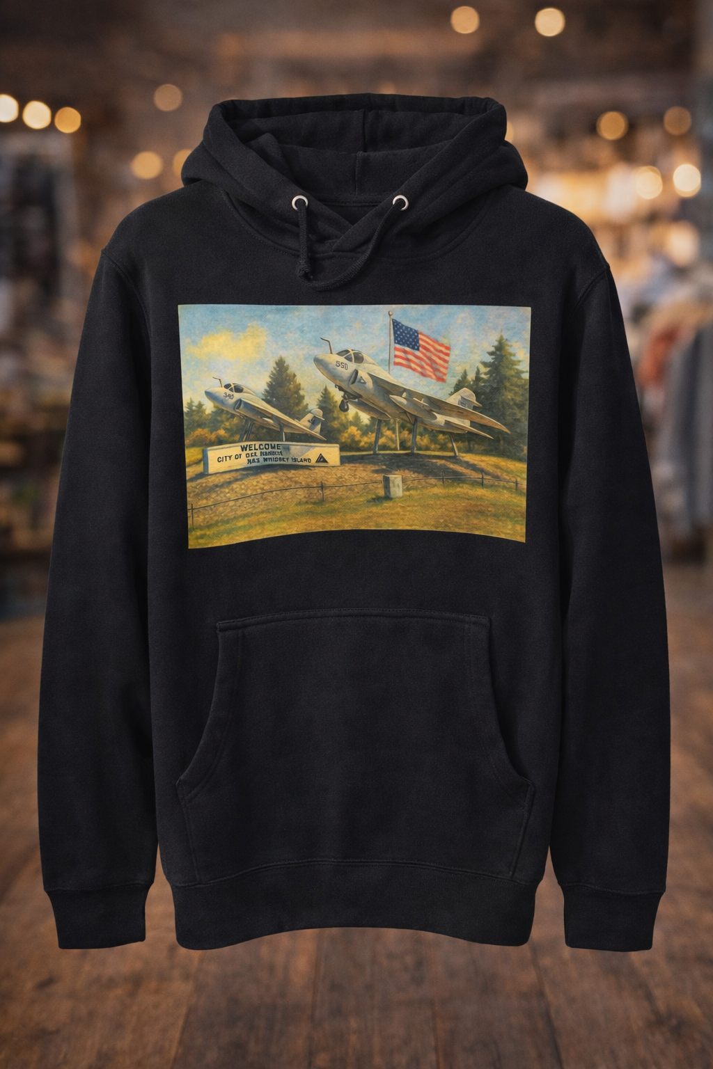 Black hoodie with graphic of military aircraft and American flag at NAS Whidbey Island on the front.
