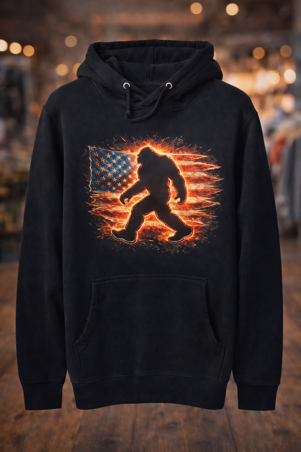Black Hoodie with Bigfoot silhouette over an American Flag graphic on the front
