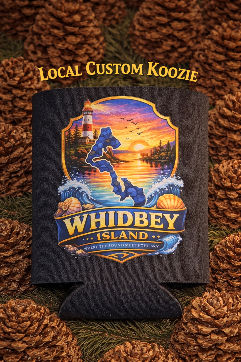 Where the Sound Meets the Sky Whidbey Island Koozie with lighthouse and ocean design